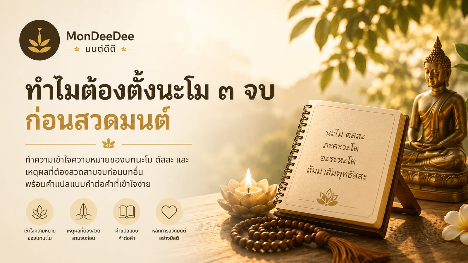 สมุดเปิดหน้าบทนะโม ตัสสะ ตั้งบนแท่นไม้ ข้างเทียนดอกบัวและลูกประคำ มีพระพุทธรูปทองอยู่ด้านหลัง