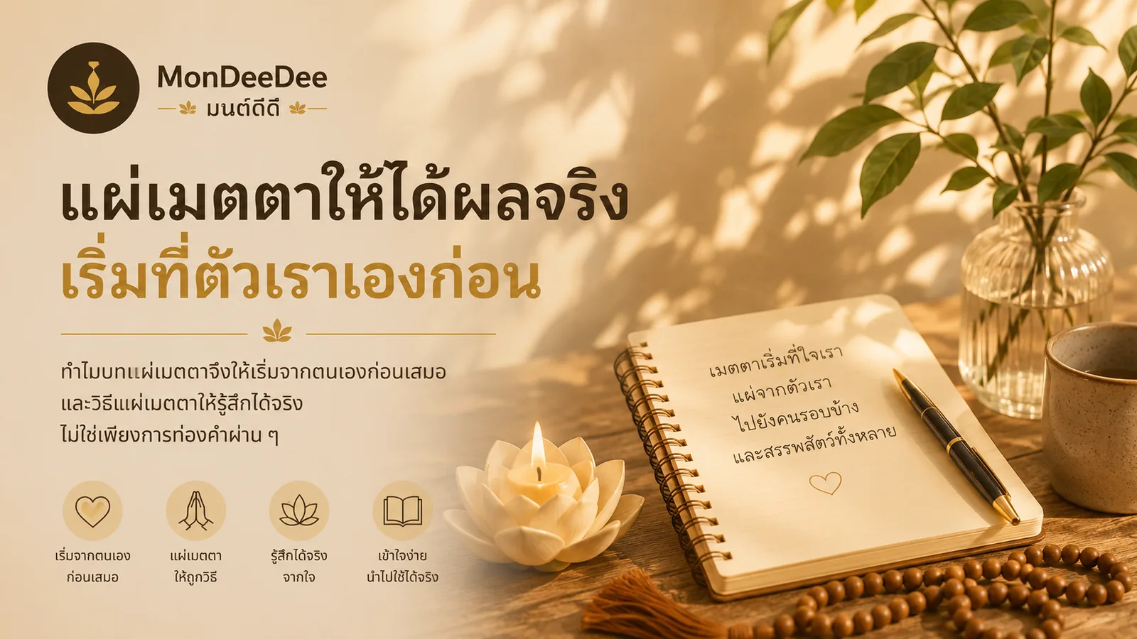 สมุดจดคำแผ่เมตตาวางคู่ปากกาบนโต๊ะไม้ ข้างเทียนดอกบัวและแจกันใบไม้เขียวในแสงแดดอ่อน